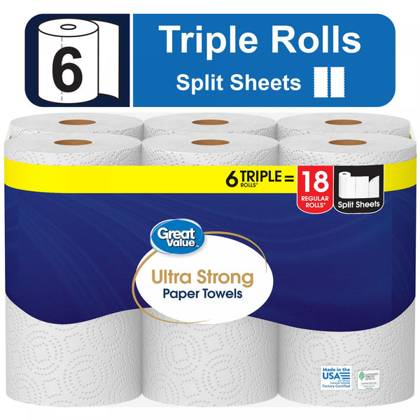 Ultra Strong Paper Towels, White, 6 Triple Rolls