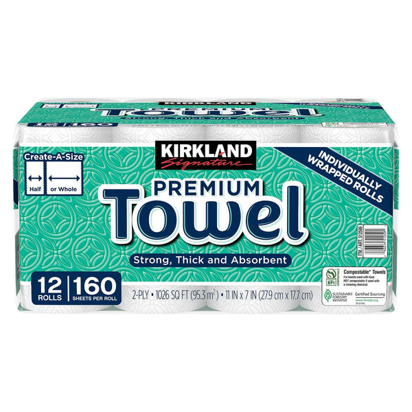 Kirkland Signature Paper Towels, 2-Ply, 160 Sheets, 12 Individually Wrapped Rolls