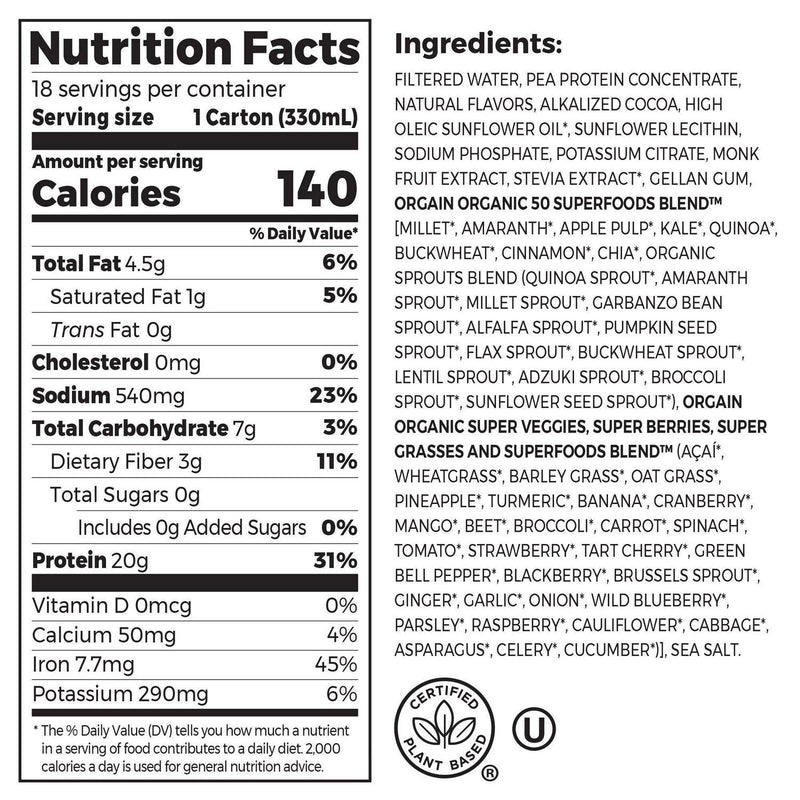 Orgain Plant-Based Protein Shake Chocolate, 11 fl oz, 18-pack