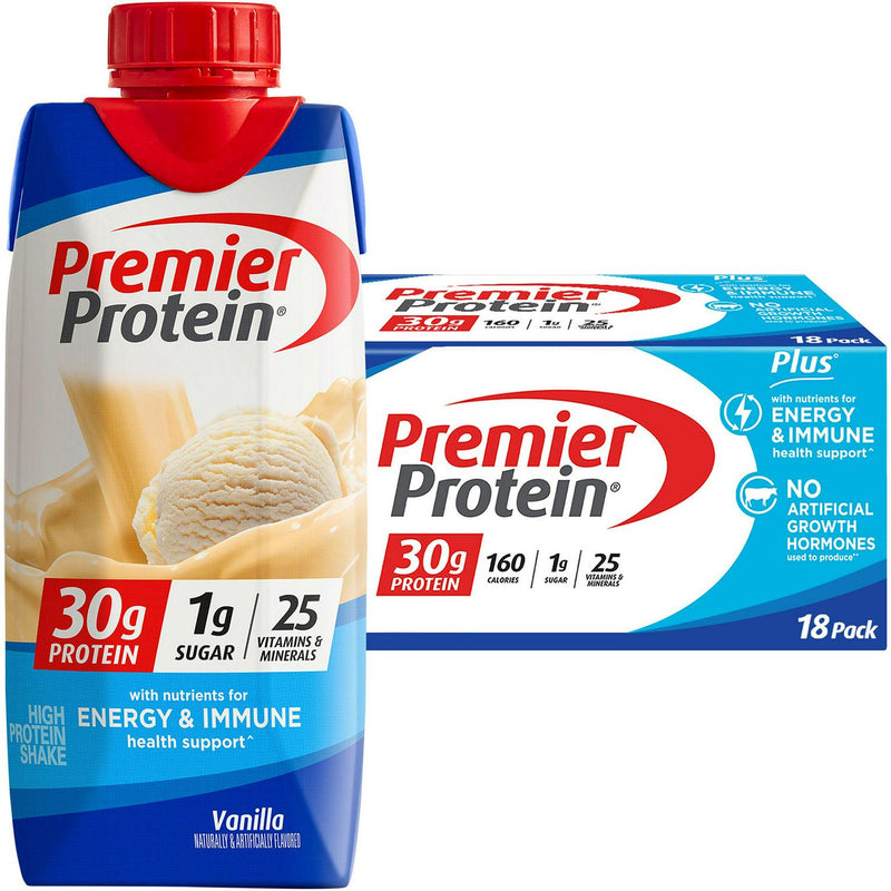 Premier 30g Protein PLUS Energy and Immune Support Shakes, Vanilla, 11 fl oz, 18-pack